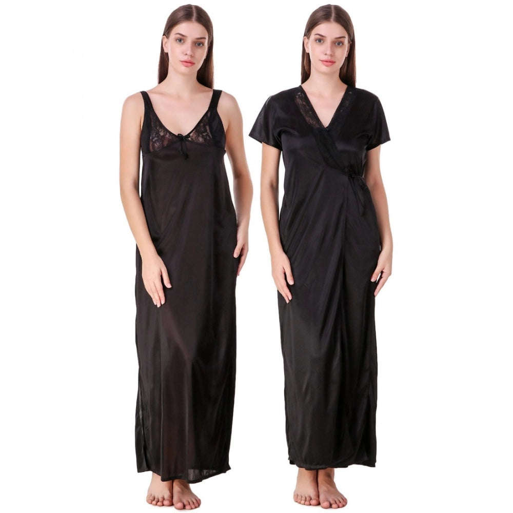 Vaystra Satin 2 PCs Set of Nighty And Wrap Gown with Half Sleeve – Black