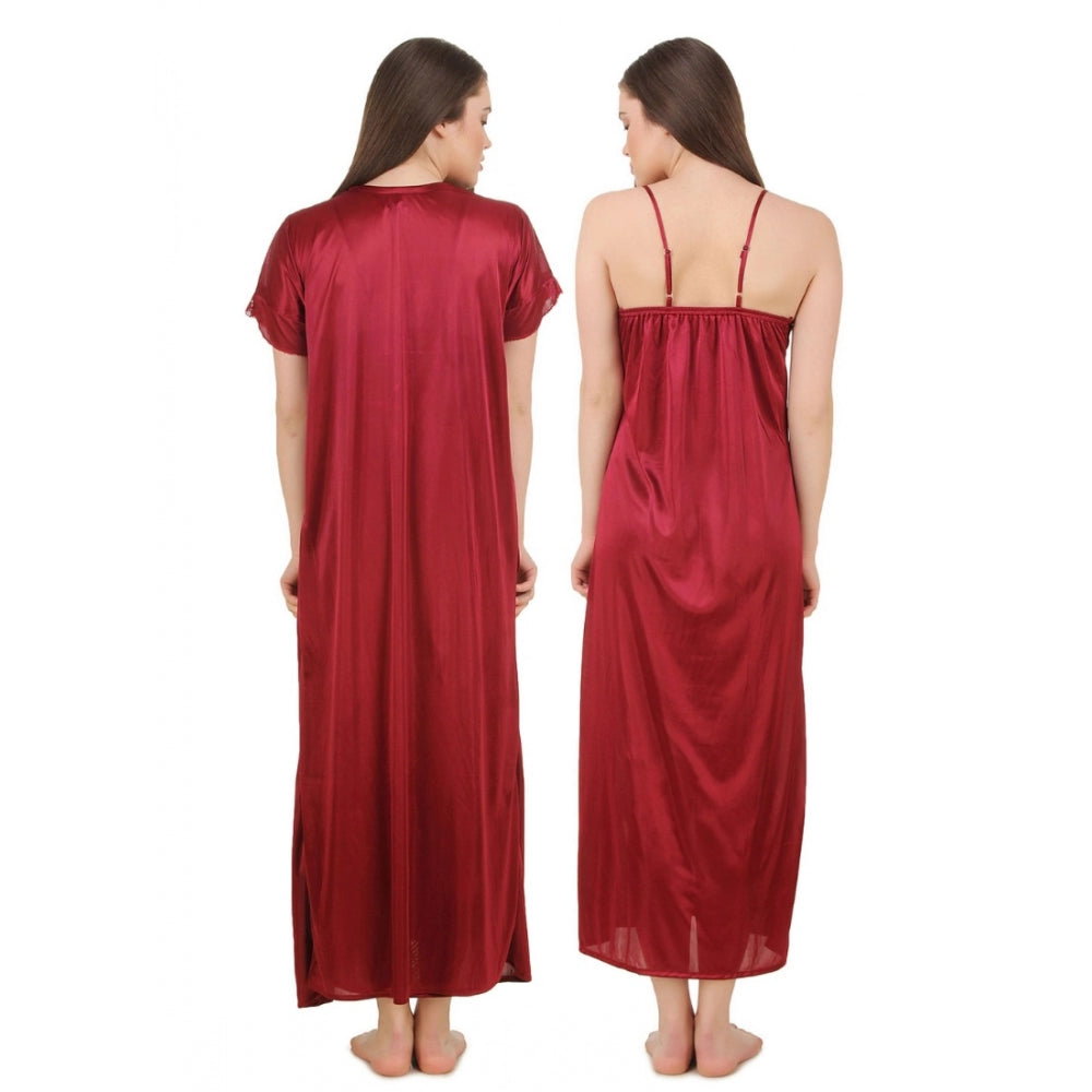 Vaystra Satin 2 PCs Set of Nighty And Wrap Gown with Half Sleeve – Maroon