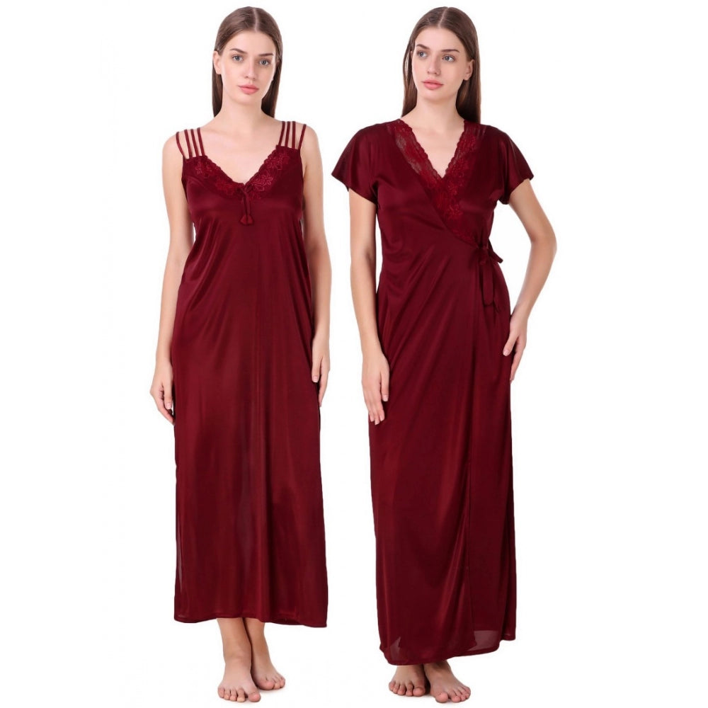 Vaystra Satin 2 PCs Set of Nighty And Wrap Gown with Half Sleeve – Maroon