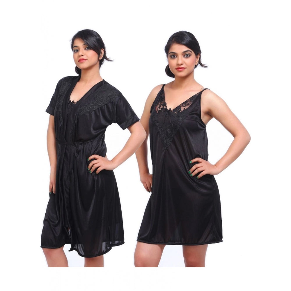 Vaystra Satin 2 PCs Set Of Nighty And Wrap Gown with Half Sleeve Nightdress – Black