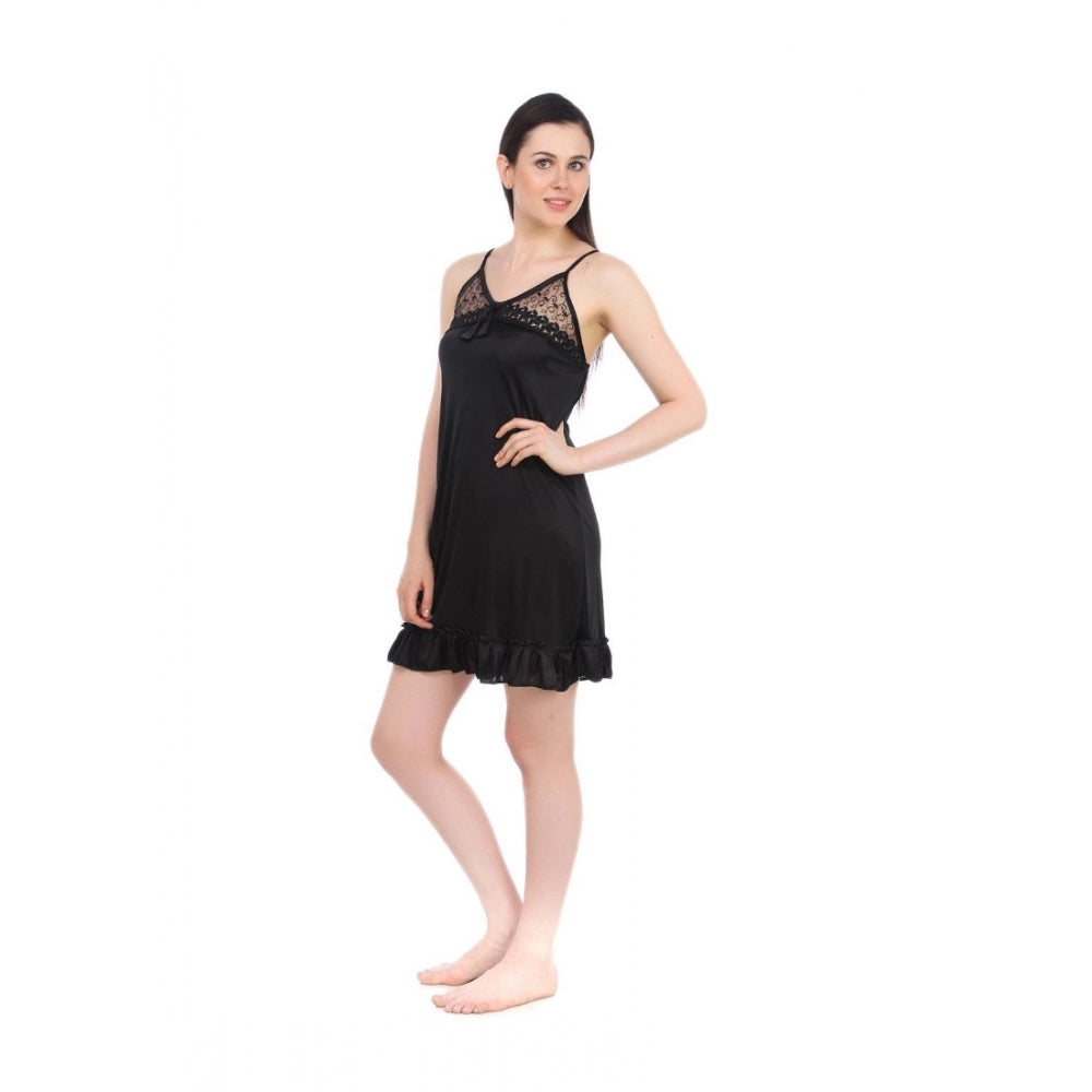 Vaystra Satin Short Nighty with Sleeve Less – Black