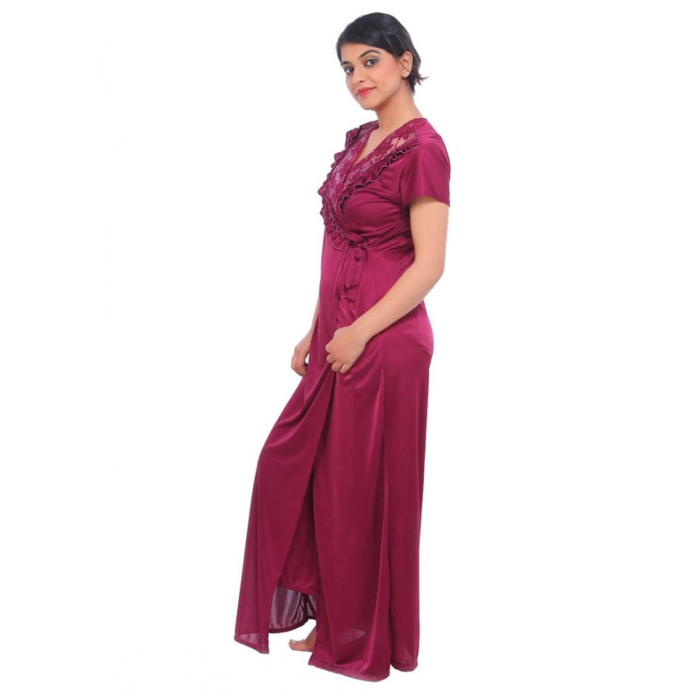 Vaystra Satin 2 PCs Set Of Nighty And Wrap Gown Mega Sleeve – Wine