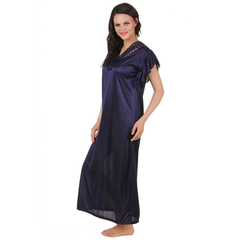 Vaystra Satin Long Nighty Frill Sleeve – Navy Blue