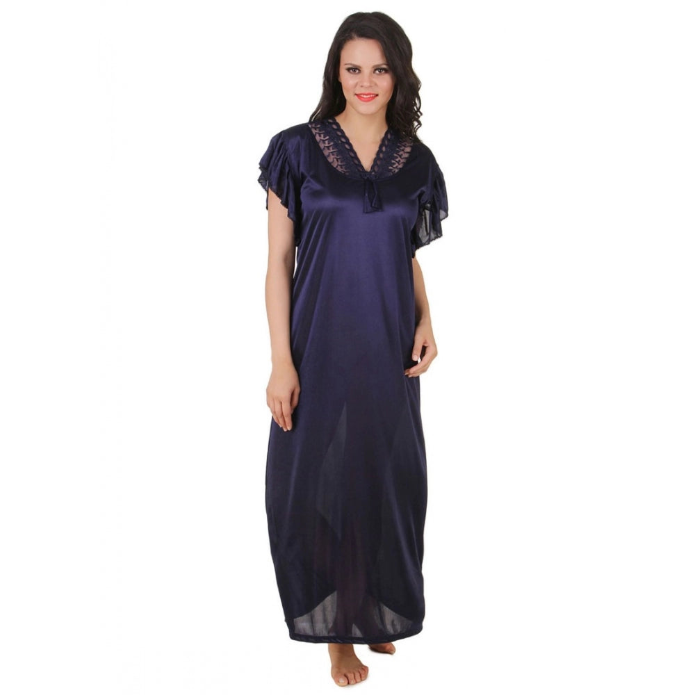 Vaystra Satin Long Nighty Frill Sleeve – Navy Blue