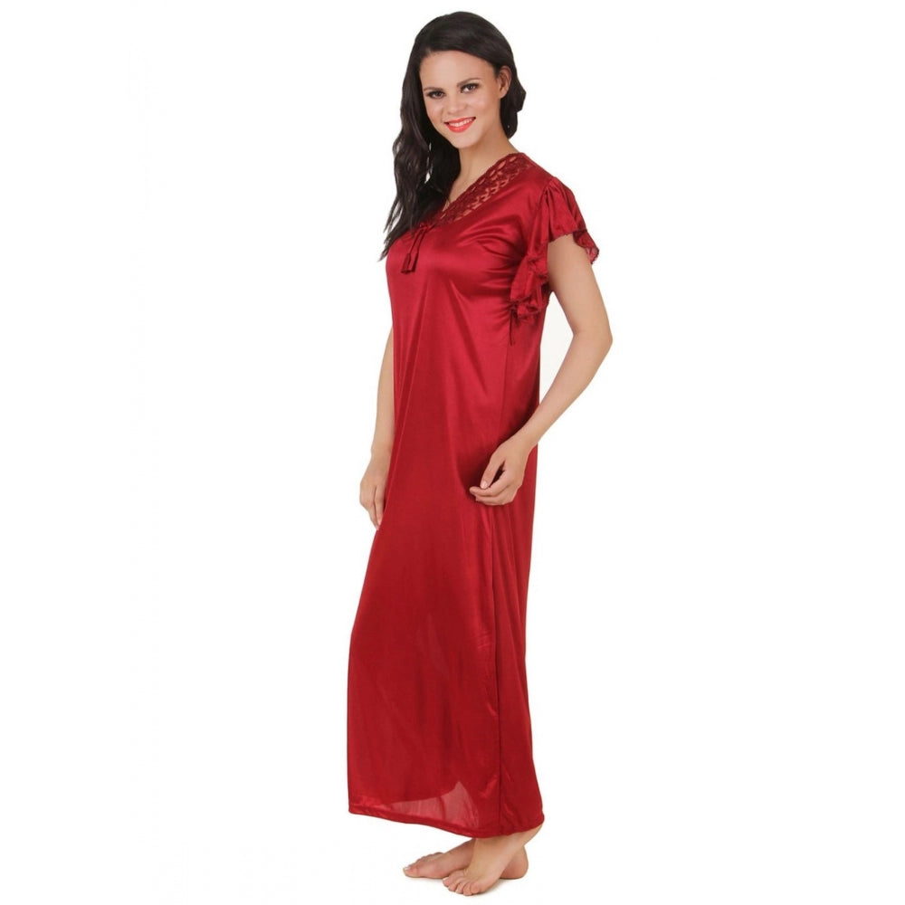 Vaystra Satin Long Nighty Frill Sleeve – Maroon