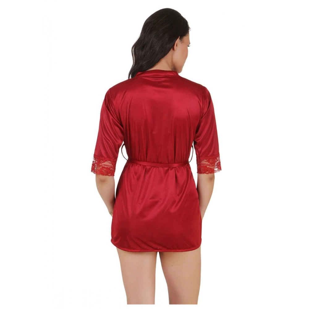 Vaystra Satin Babydoll Robe with Thong with Half Sleeve – Maroon
