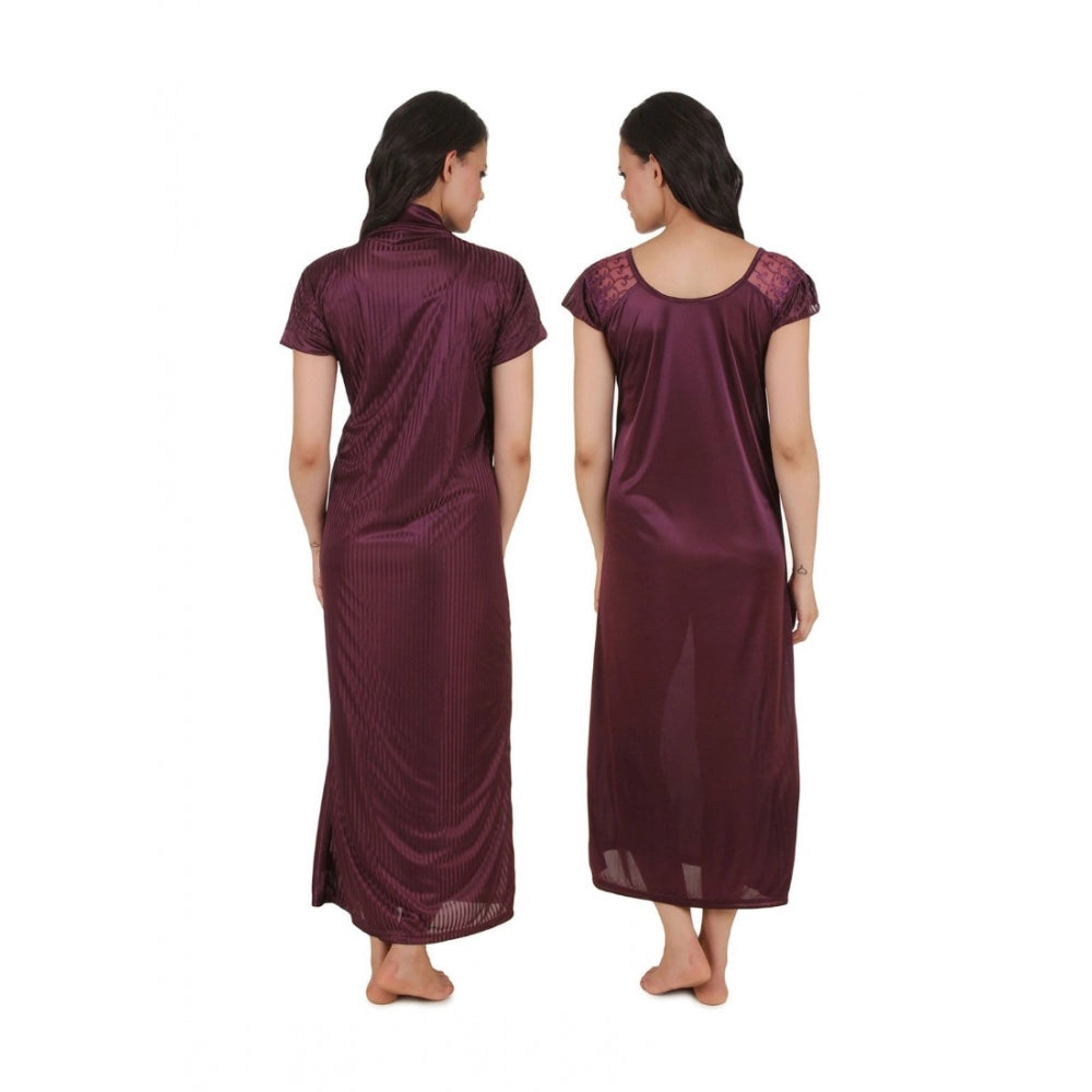 Vaystra Satin 2 PCs Set Of Nighty And Wrap Gown with Half Sleeve – Choclate Brown