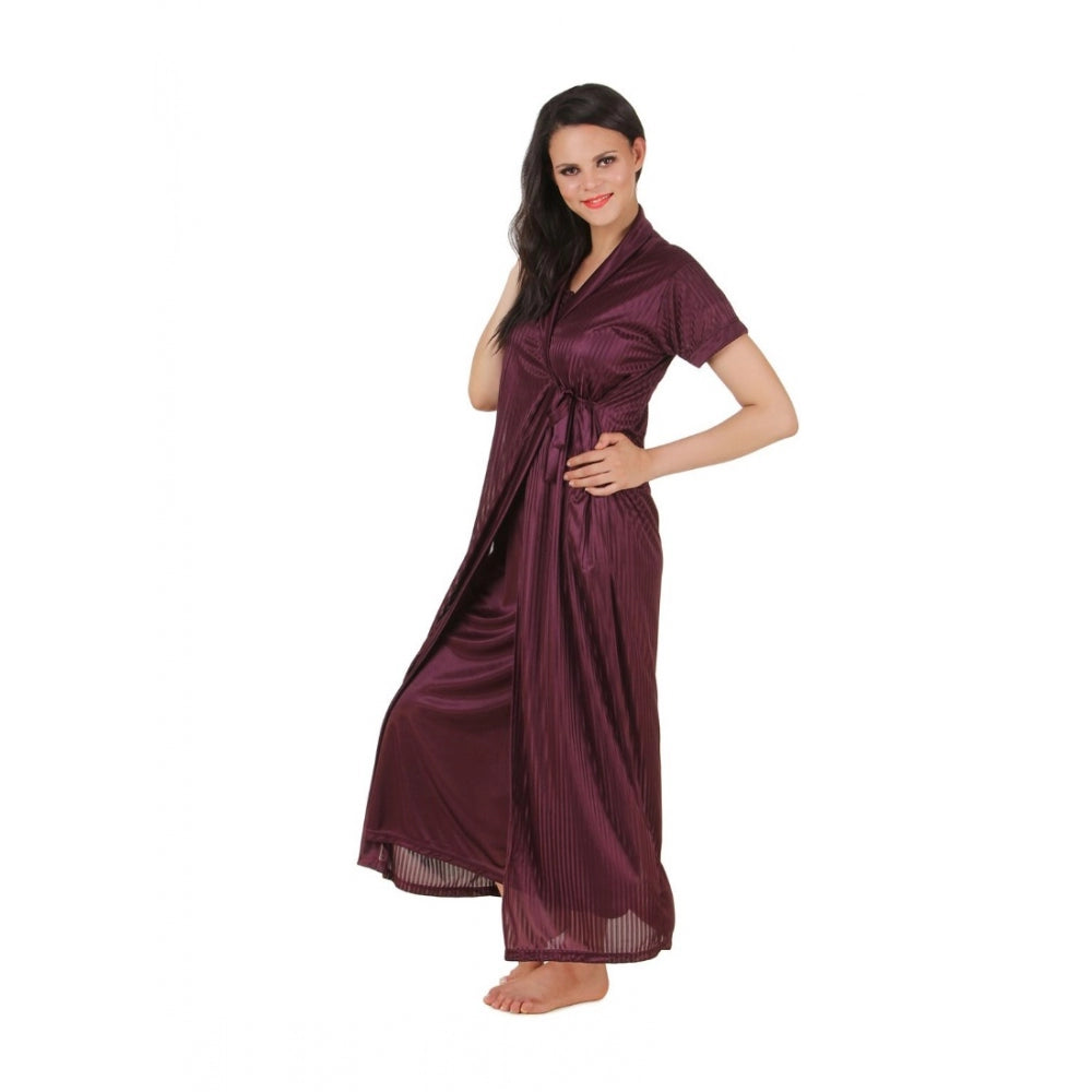 Vaystra Satin 2 PCs Set Of Nighty And Wrap Gown with Half Sleeve – Choclate Brown