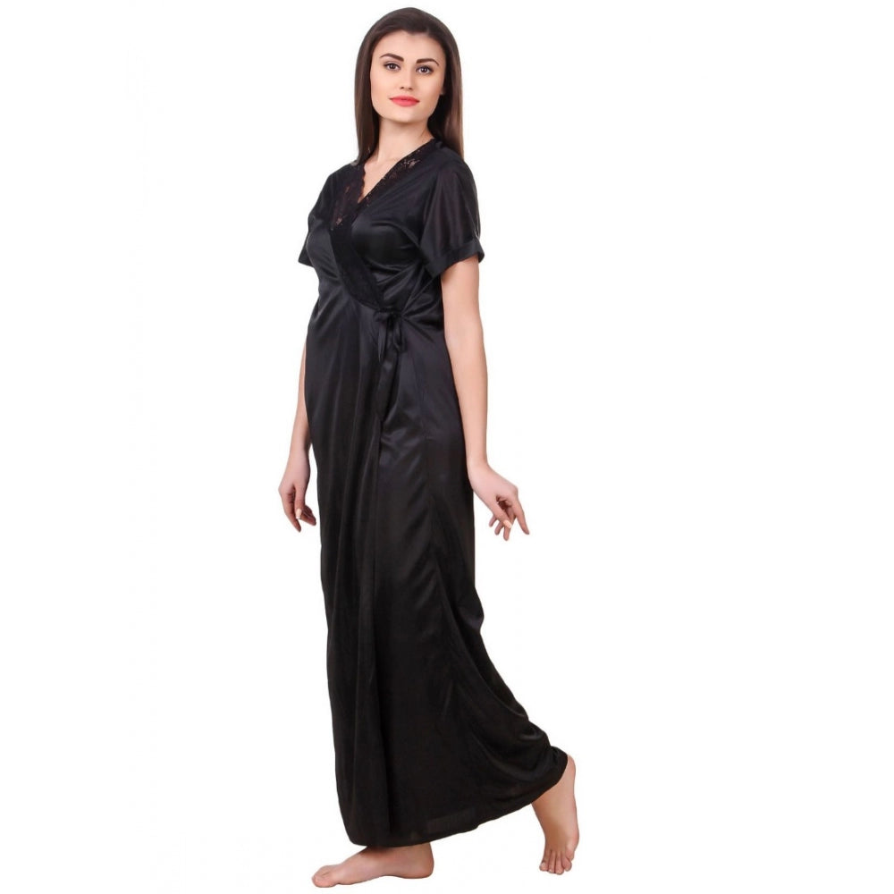 Vaystra Satin 2 PCs Set of Nighty And Wrap Gown with Half Sleeve – Black