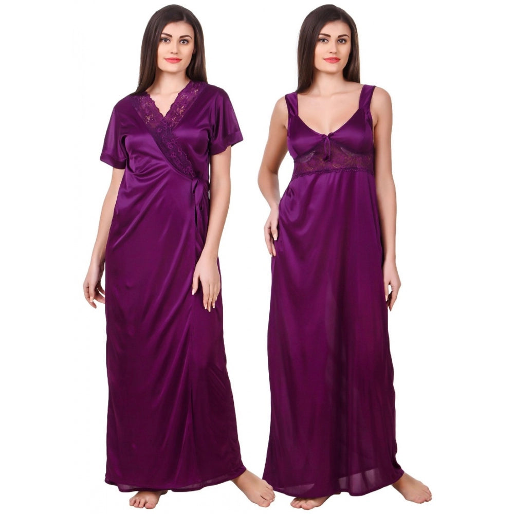 Vaystra Satin 2 PCs Set of Nighty And Wrap Gown with Half Sleeve – Purple