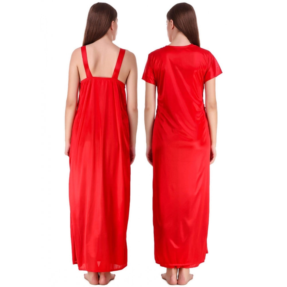 Vaystra Satin 2 PCs Set of Nighty And Wrap Gown with Half Sleeve – Red