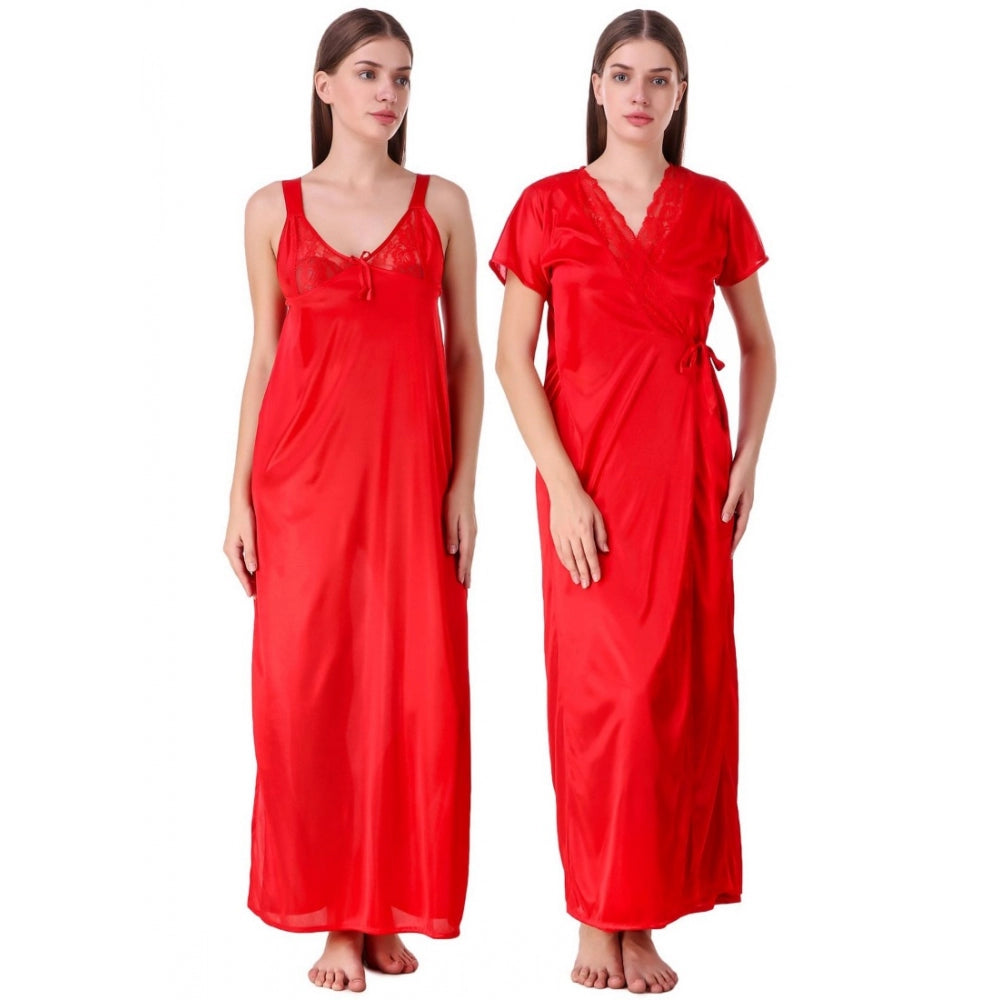 Vaystra Satin 2 PCs Set of Nighty And Wrap Gown with Half Sleeve – Red