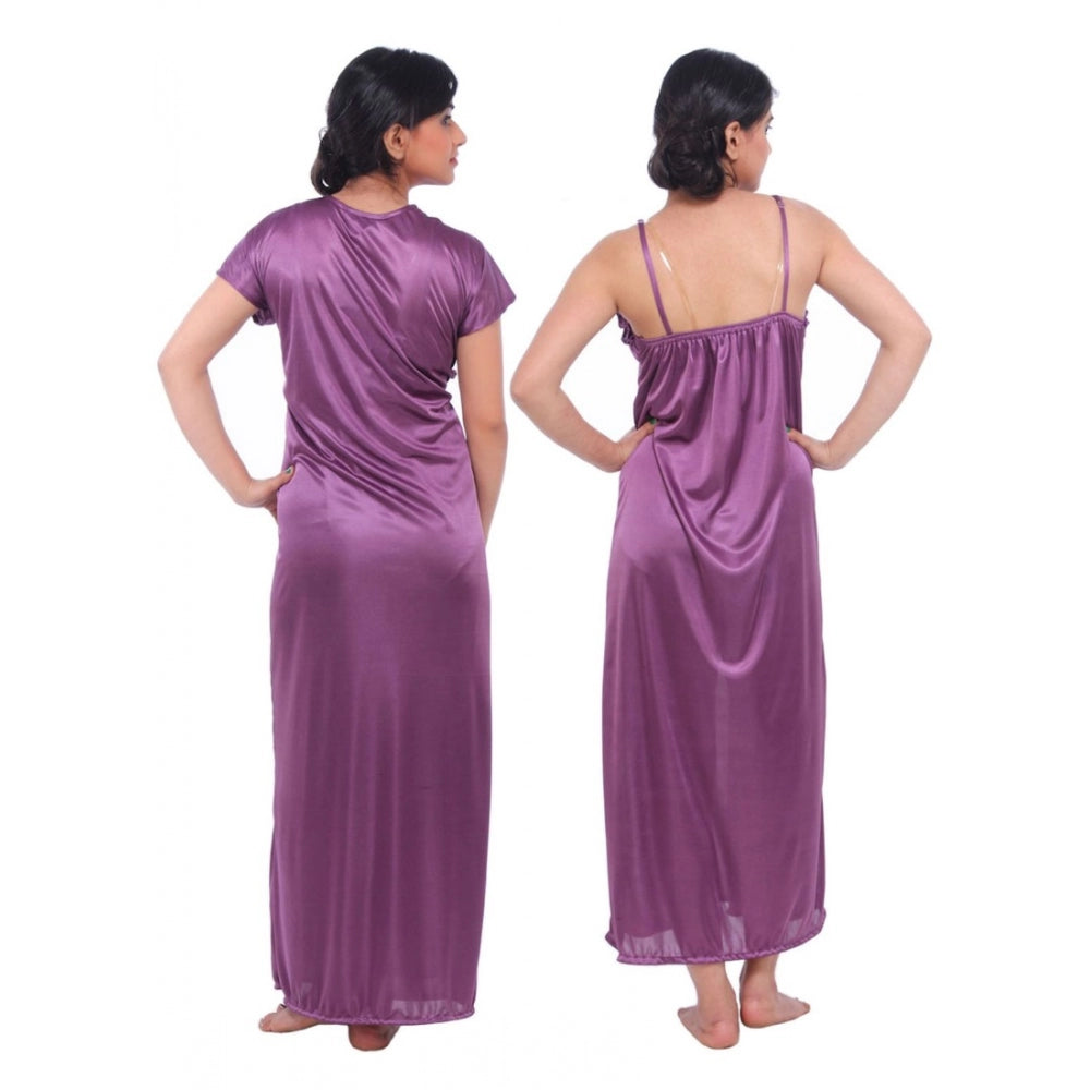Vaystra Satin 2 PCs Set Of Nighty And Wrap Gown Mega Sleeve – Purple