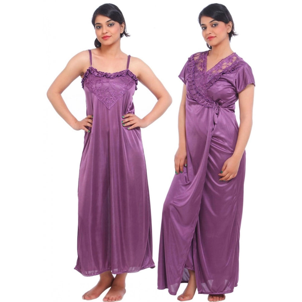 Vaystra Satin 2 PCs Set Of Nighty And Wrap Gown Mega Sleeve – Purple