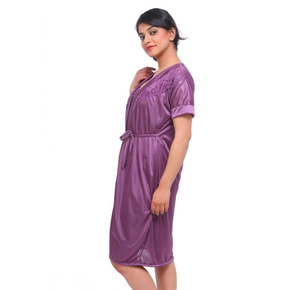 Vaystra Satin 2 PCs Set Of Nighty And Wrap Gown with Half Sleeve Nightdress – Purple