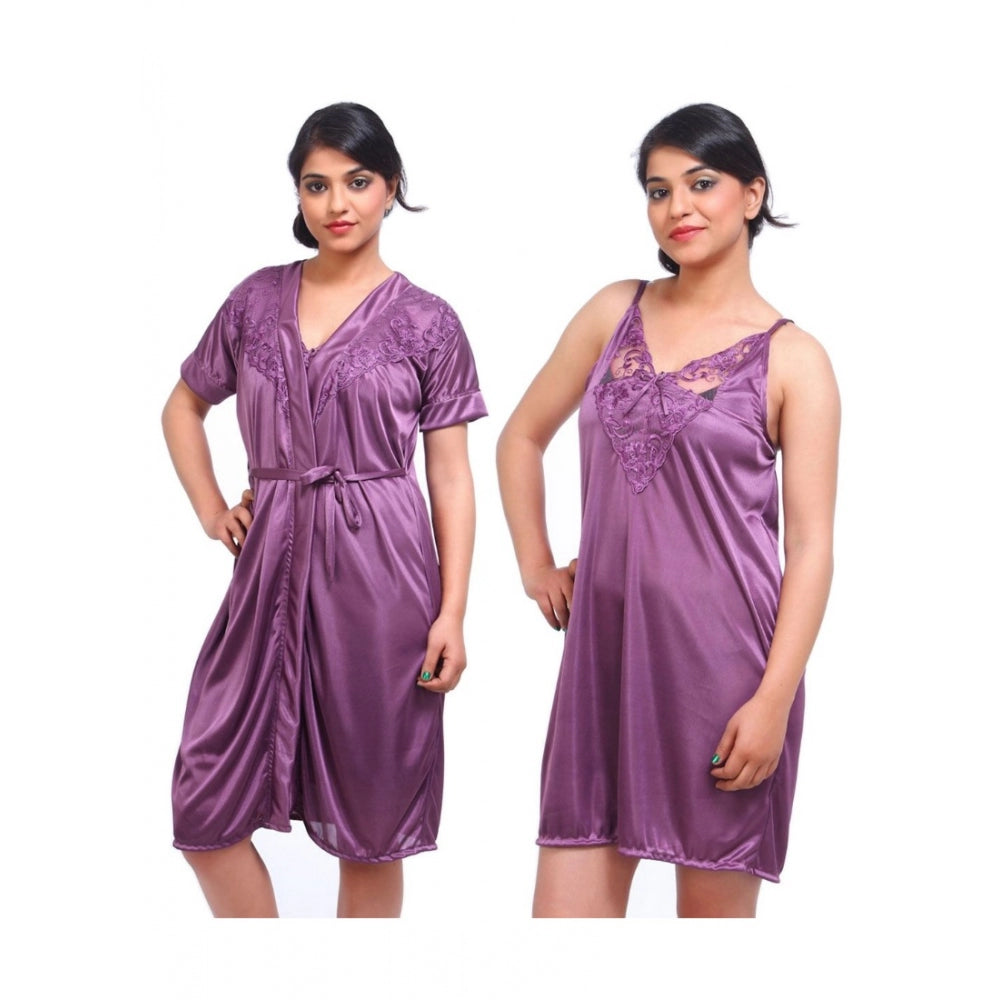 Vaystra Satin 2 PCs Set Of Nighty And Wrap Gown with Half Sleeve Nightdress – Purple