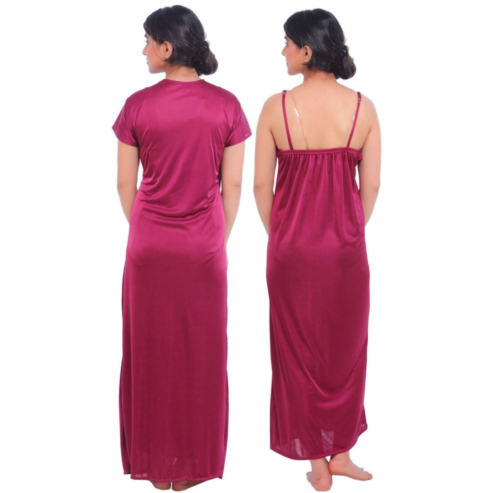 Vaystra Satin 2 PCs Set Of Nighty And Wrap Gown Mega Sleeve – Wine