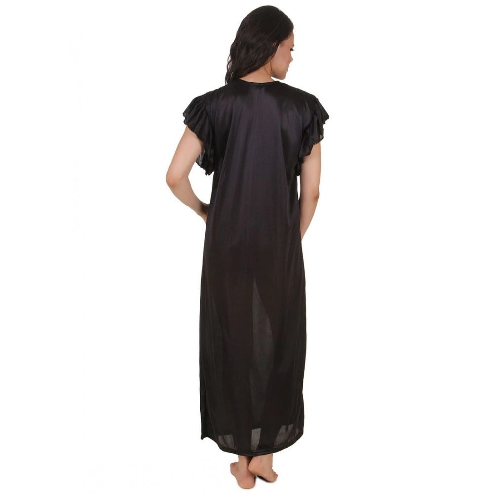 Vaystra Satin Long Nighty Frill Sleeve – Black