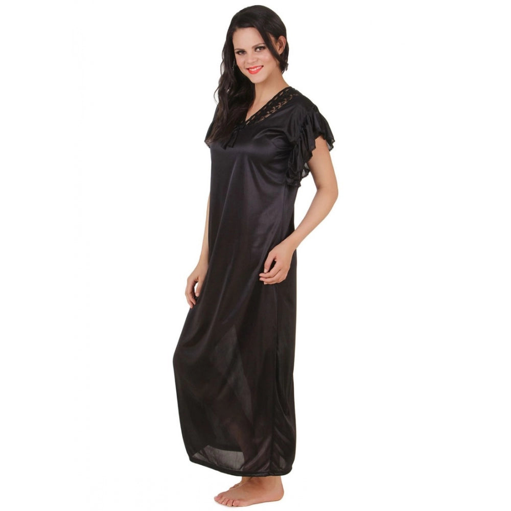 Vaystra Satin Long Nighty Frill Sleeve – Black