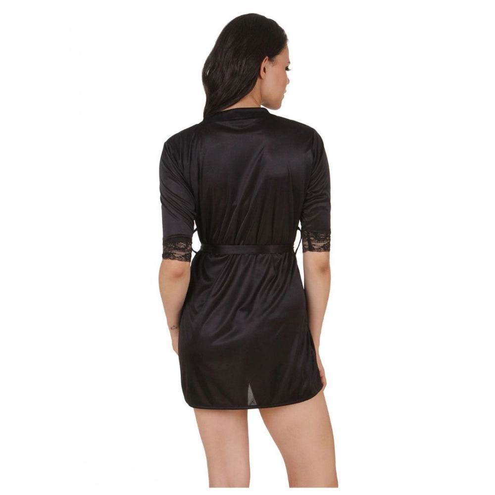Vaystra Satin Babydoll Robe with Thong with Half Sleeve – Black