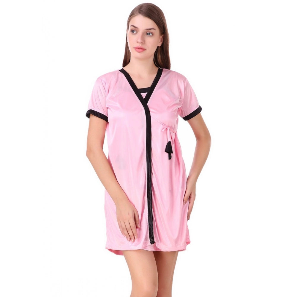 Vaystra Satin Short Wrap Gown with Half Sleeve – Baby Pink & Black
