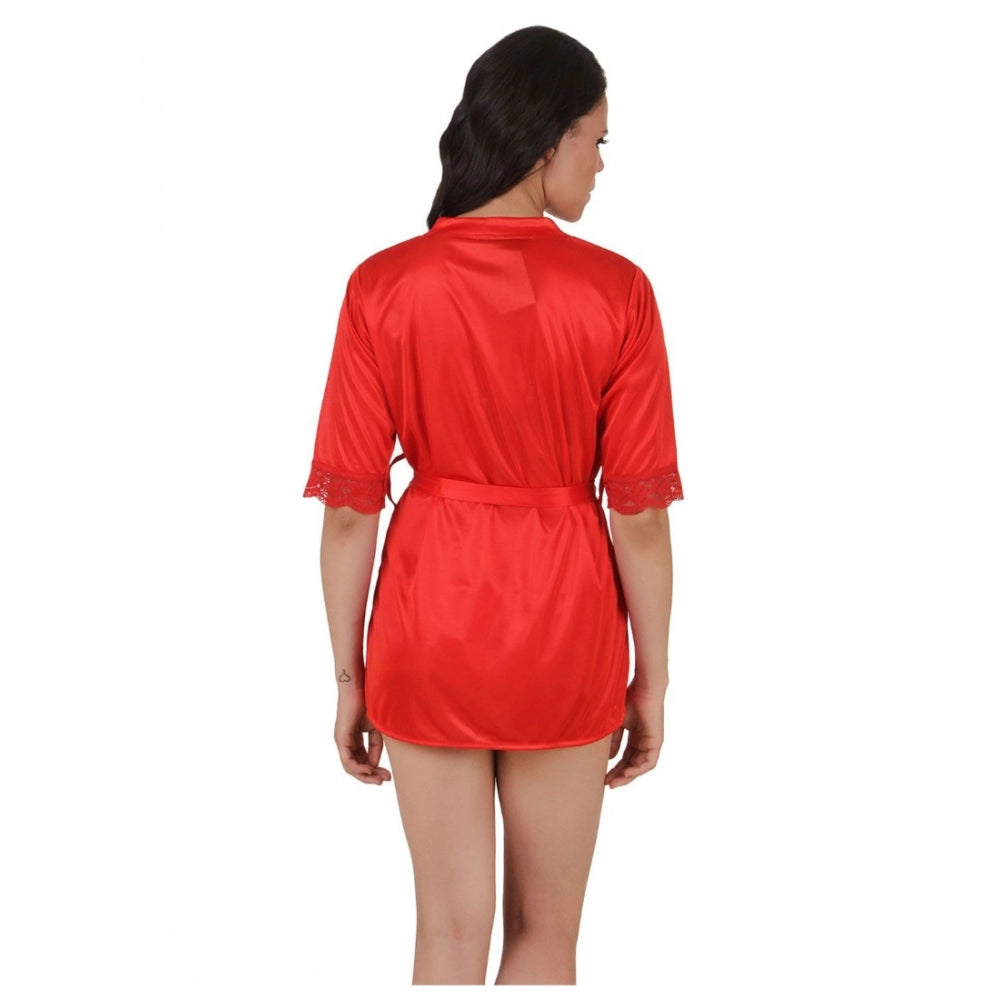 Vaystra Satin Babydoll Robe with Thong with Half Sleeve – Red