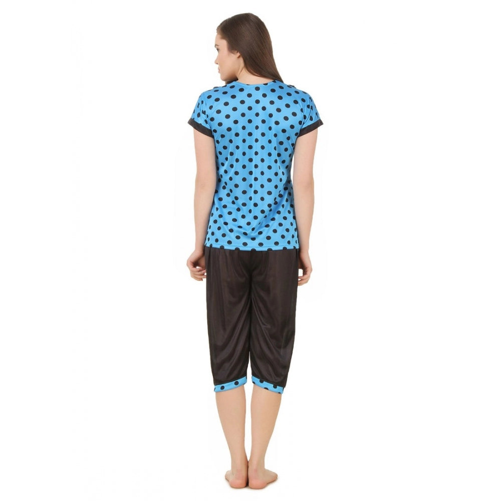 Vaystra Satin 3 Pc Set of Short Nighty, Top, Capry Half Sleeve – Blue