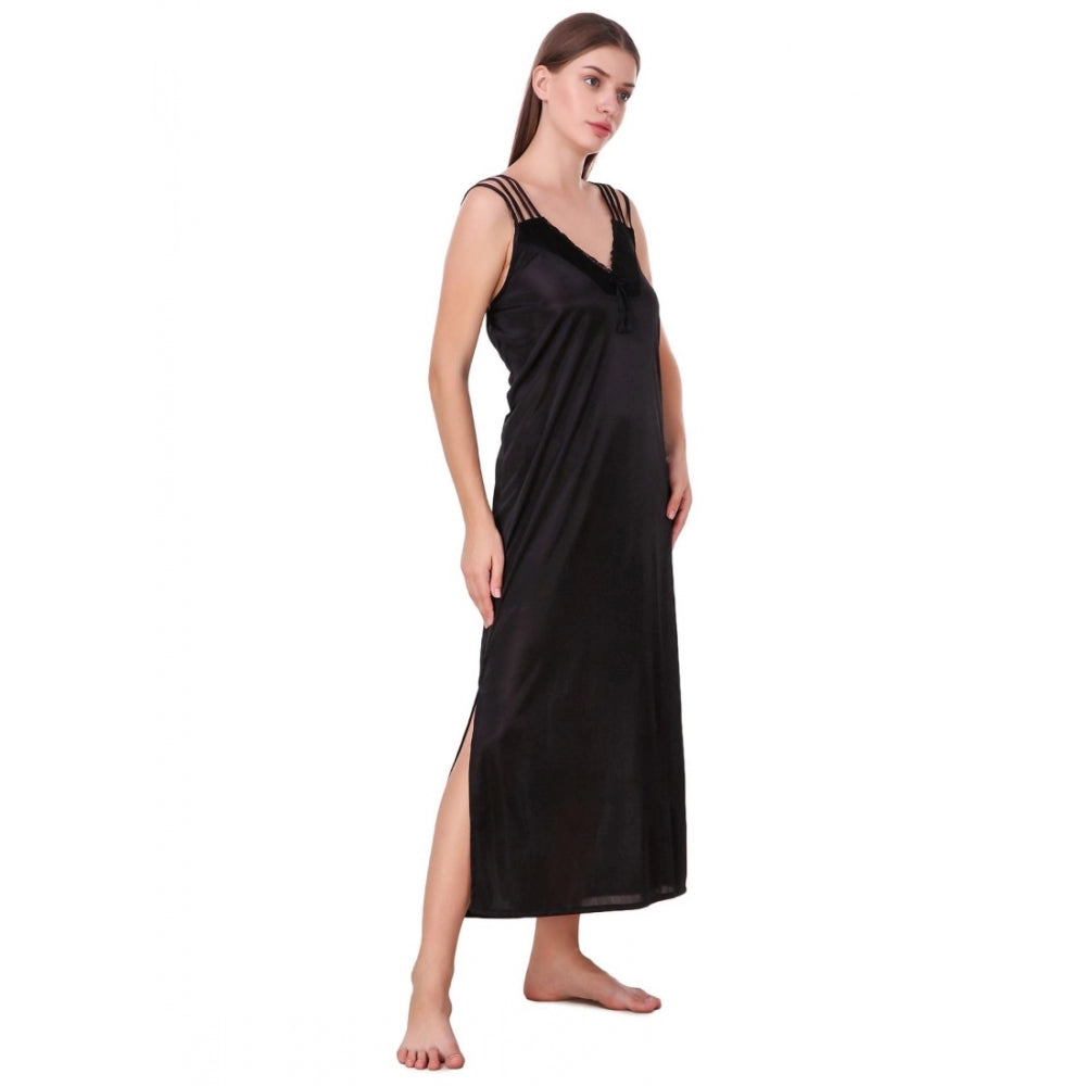Vaystra Satin 2 PCs Set of Nighty And Wrap Gown with Half Sleeve – Black