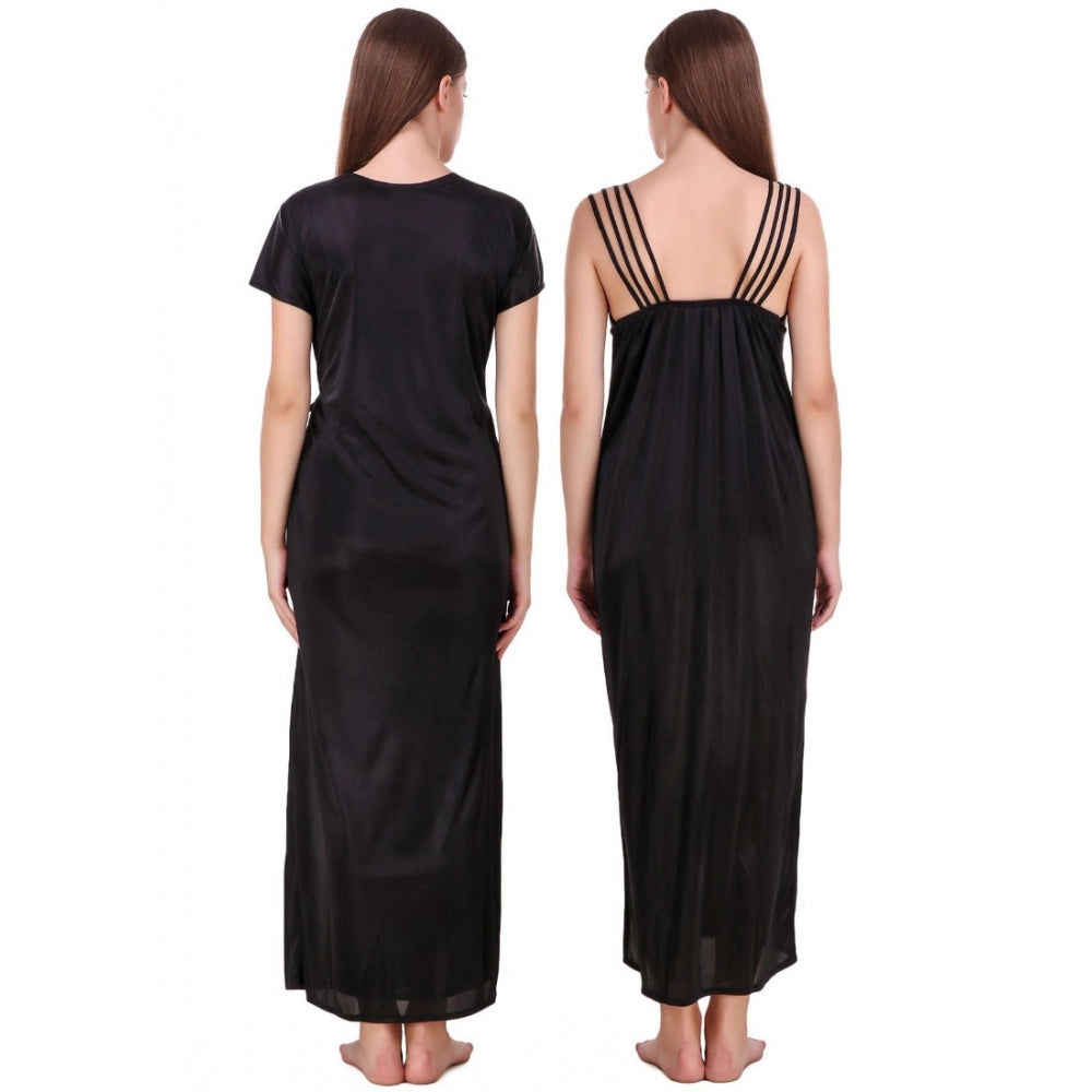 Vaystra Satin 2 PCs Set of Nighty And Wrap Gown with Half Sleeve – Black