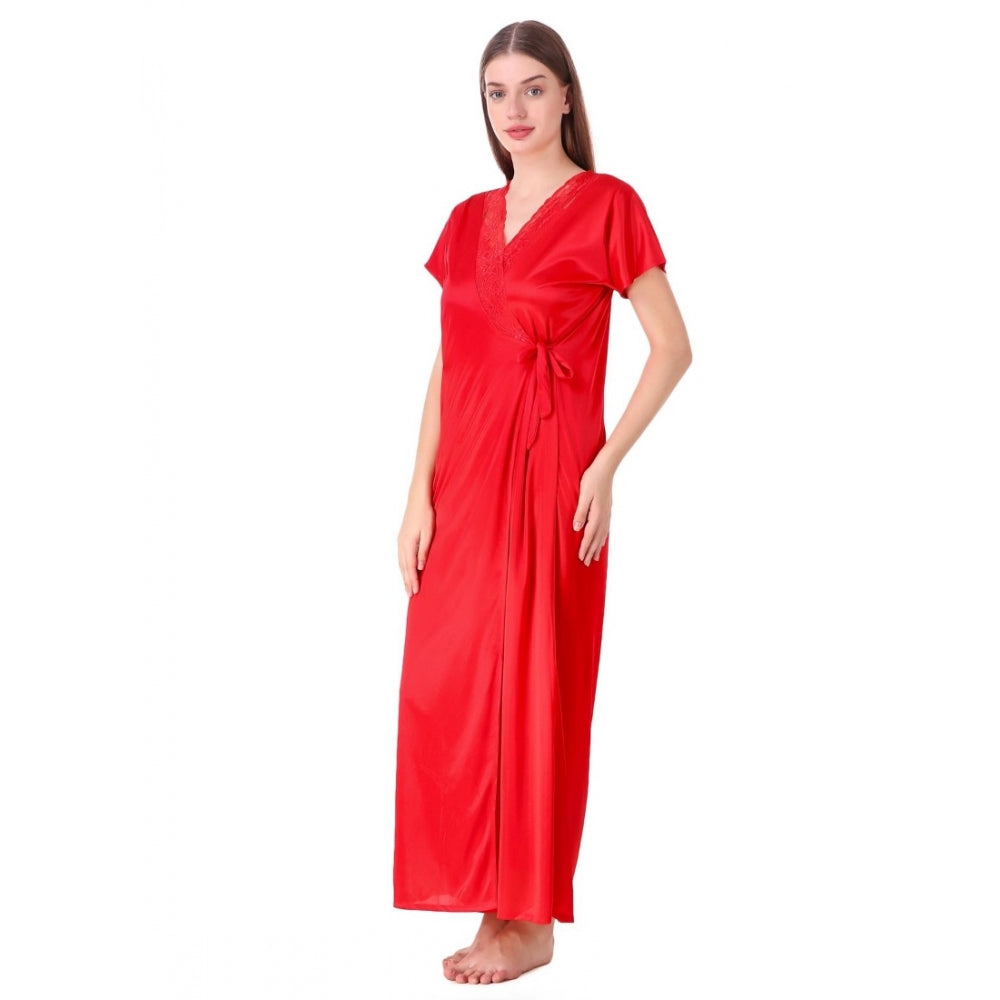 Vaystra Satin 2 PCs Set of Nighty And Wrap Gown with Half Sleeve – Red
