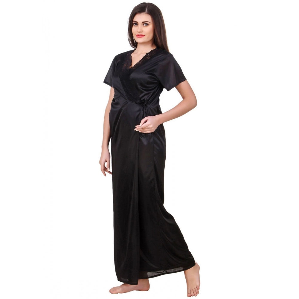 Vaystra Satin 2 PCs Set of Nighty And Wrap Gown with Half Sleeve – Black