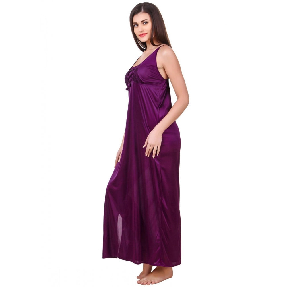 Vaystra Satin 2 PCs Set of Nighty And Wrap Gown with Half Sleeve – Purple