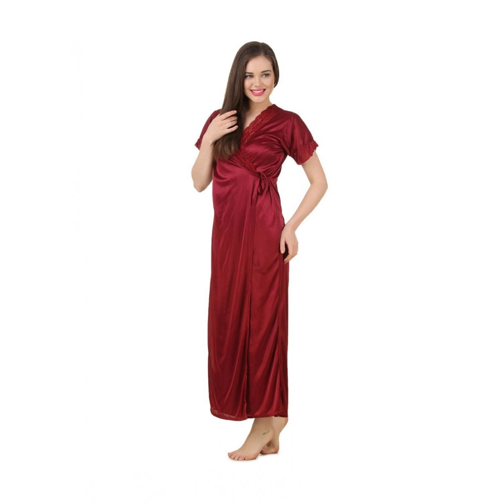 Vaystra Satin 2 PCs Set of Nighty And Wrap Gown with Half Sleeve – Maroon