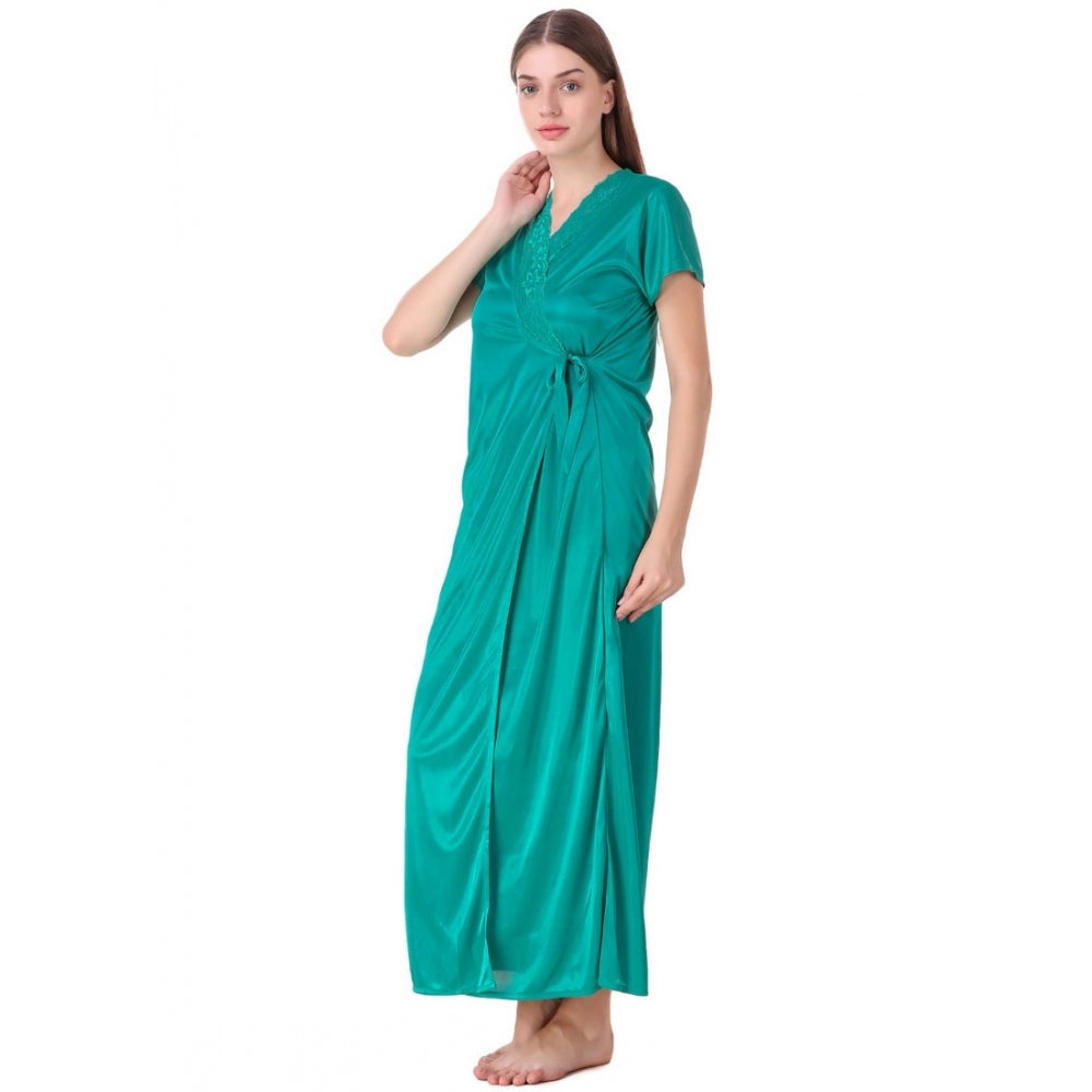 Vaystra Satin 2 PCs Set of Nighty And Wrap Gown with Half Sleeve – Sea Green