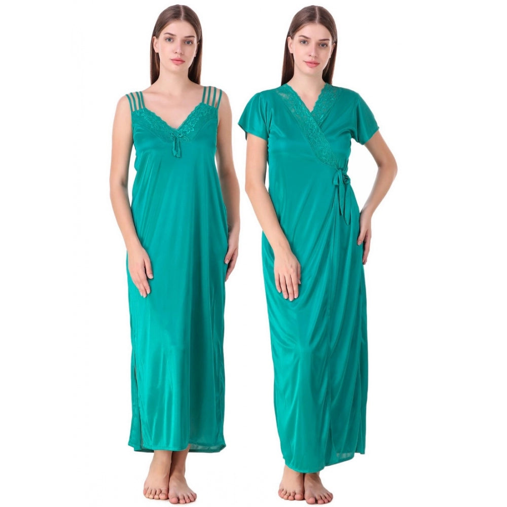 Vaystra Satin 2 PCs Set of Nighty And Wrap Gown with Half Sleeve – Sea Green