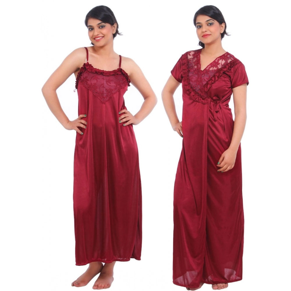 Vaystra Satin 2 PCs Set Of Nighty And Wrap Gown Mega Sleeve – Maroon