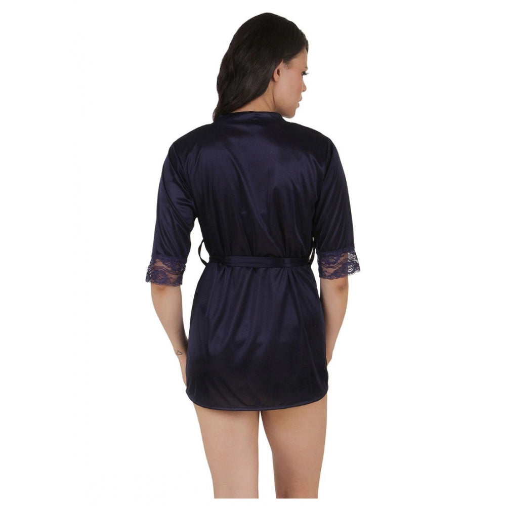 Vaystra Satin Babydoll Robe with Thong with Half Sleeve – Navy Blue