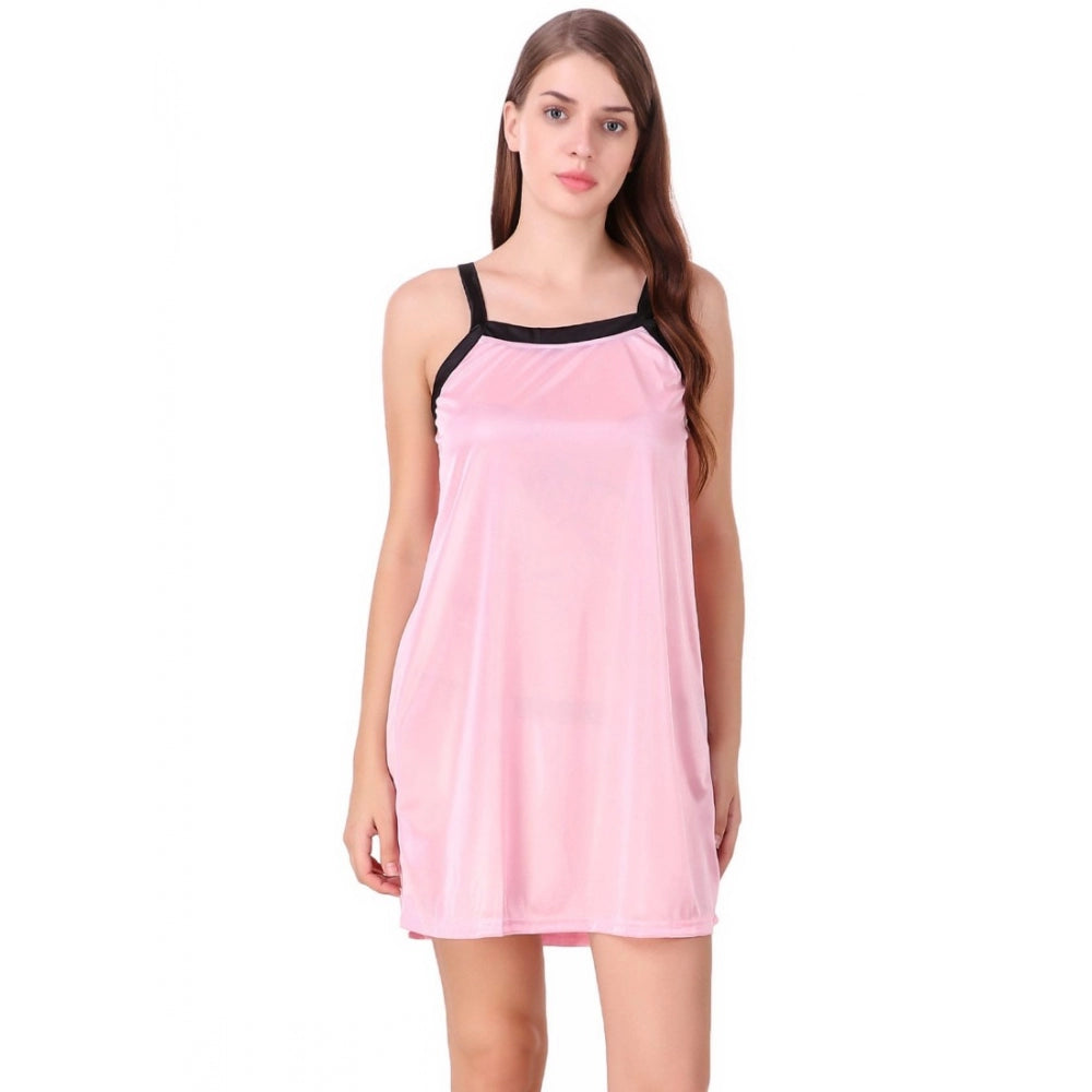 Vaystra Satin Short Nighty with Half Sleeve – Baby Pink & Black