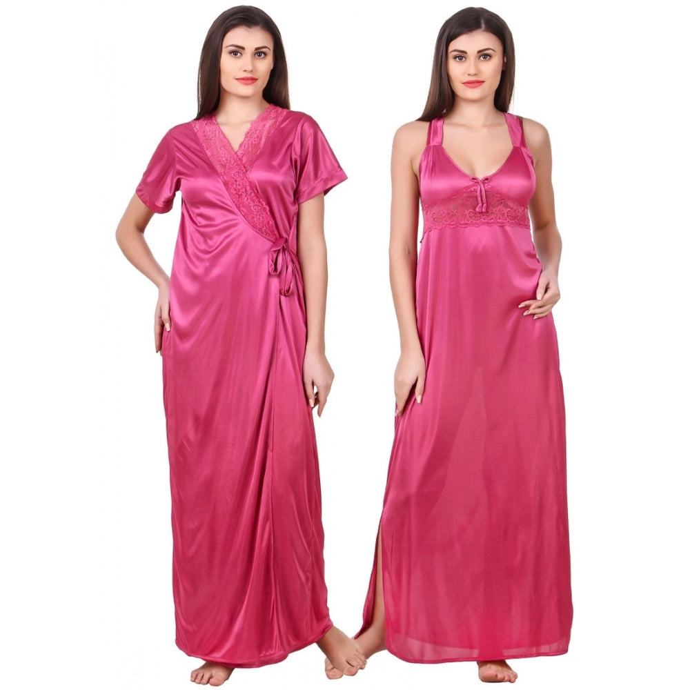 Vaystra Satin 2 PCs Set of Nighty And Wrap Gown with Half Sleeve – Coral Pink
