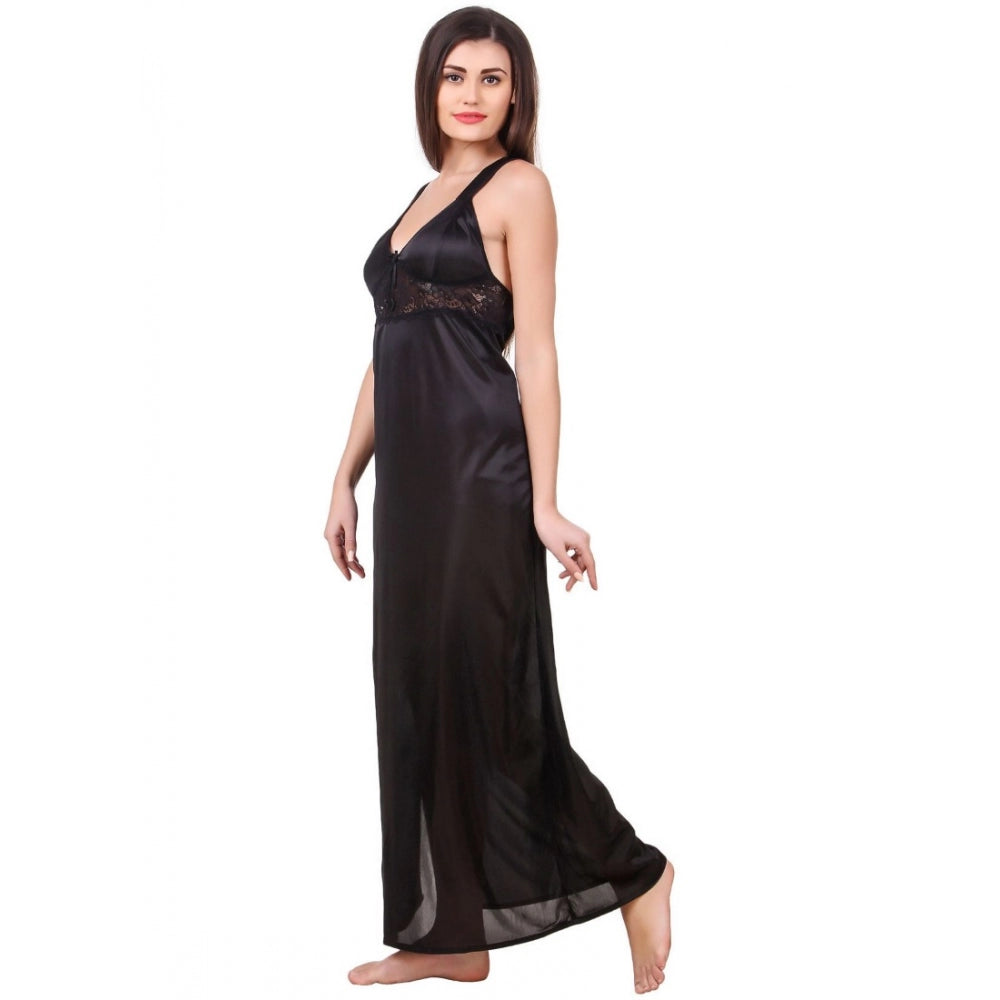 Vaystra Satin 2 PCs Set of Nighty And Wrap Gown with Half Sleeve – Black