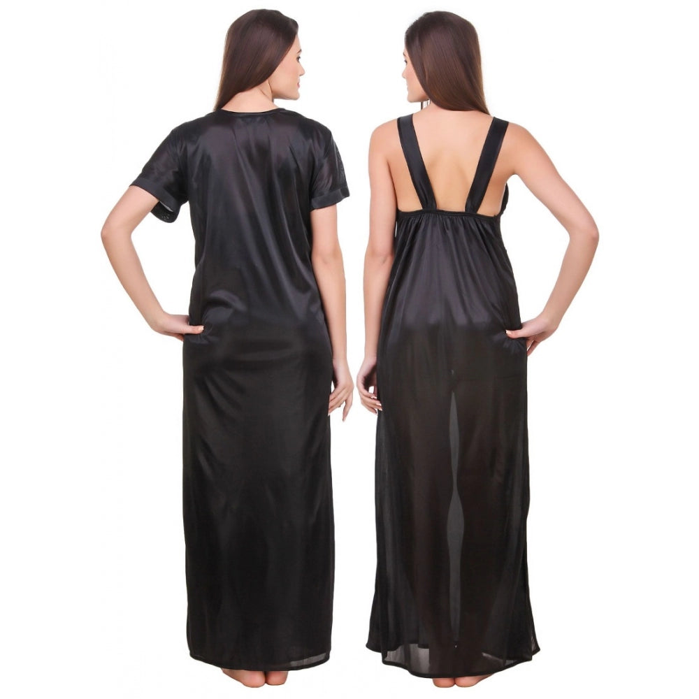 Vaystra Satin 2 PCs Set of Nighty And Wrap Gown with Half Sleeve – Black