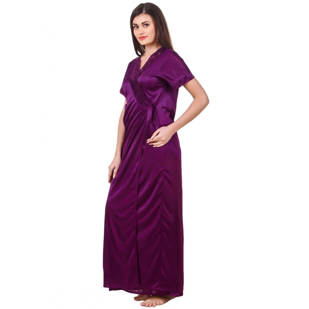 Vaystra Satin 2 PCs Set of Nighty And Wrap Gown with Half Sleeve – Purple