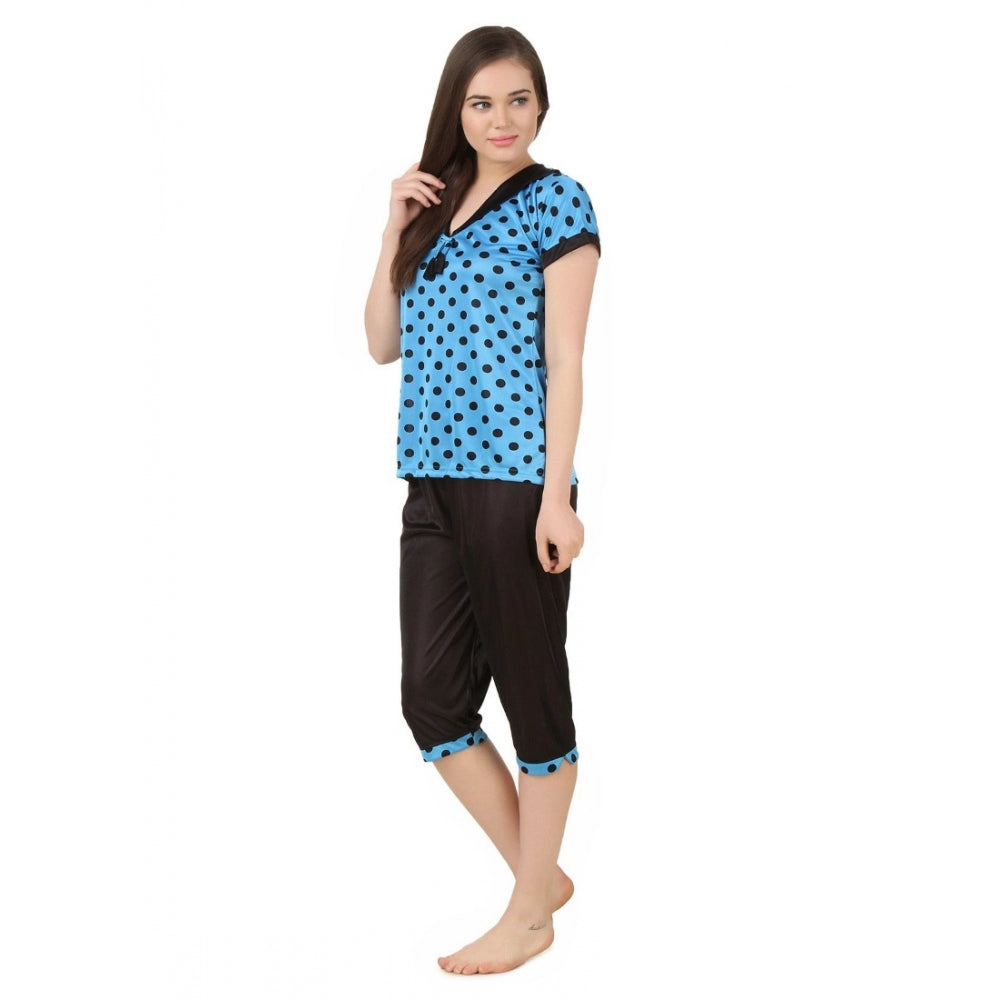 Vaystra Satin 3 Pc Set of Short Nighty, Top, Capry Half Sleeve – Blue