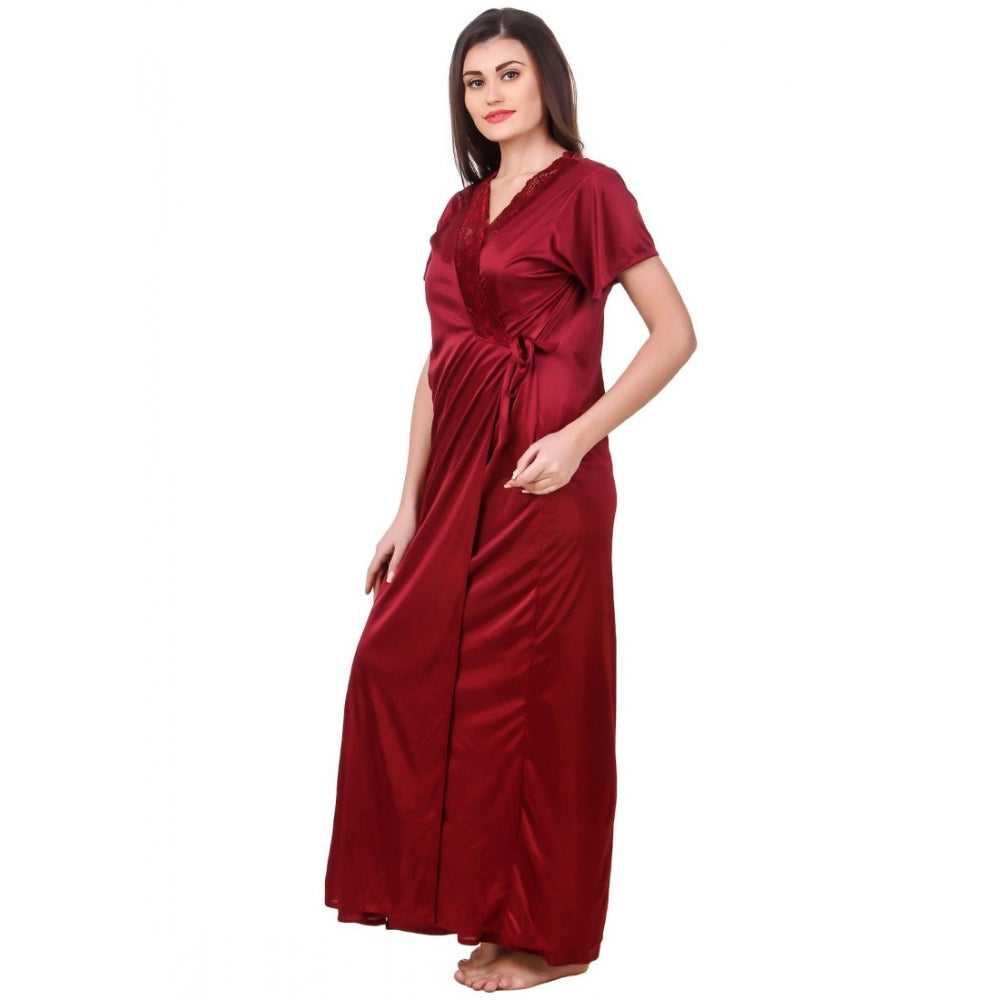 Vaystra Satin 2 PCs Set of Nighty And Wrap Gown with Half Sleeve – Maroon