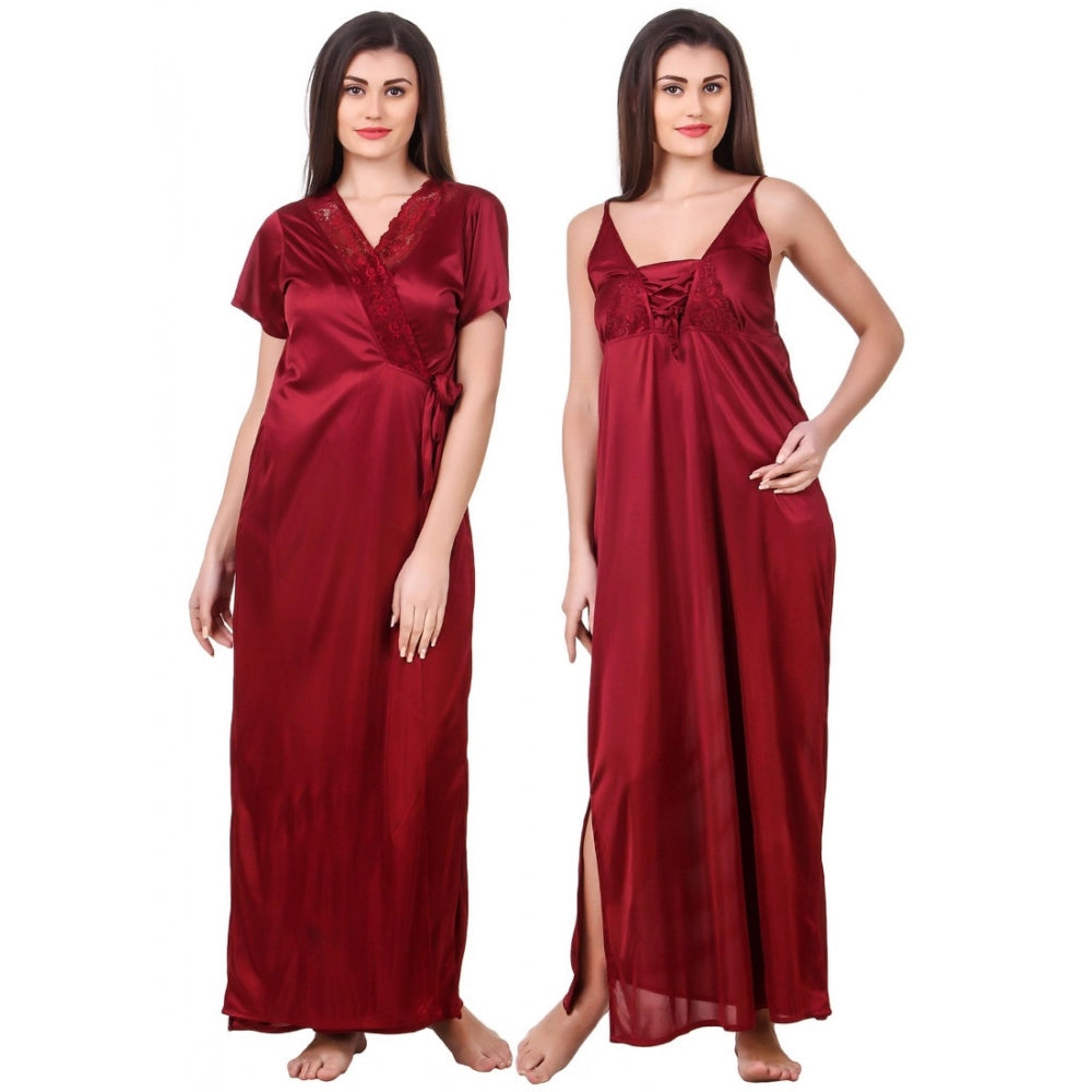 Vaystra Satin 2 PCs Set of Nighty And Wrap Gown with Half Sleeve – Maroon