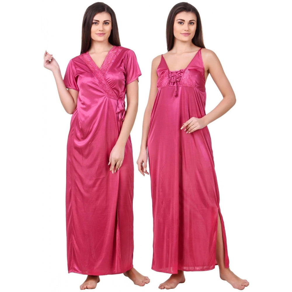 Vaystra Satin 2 PCs Set of Nighty And Wrap Gown with Half Sleeve – Coral Pink