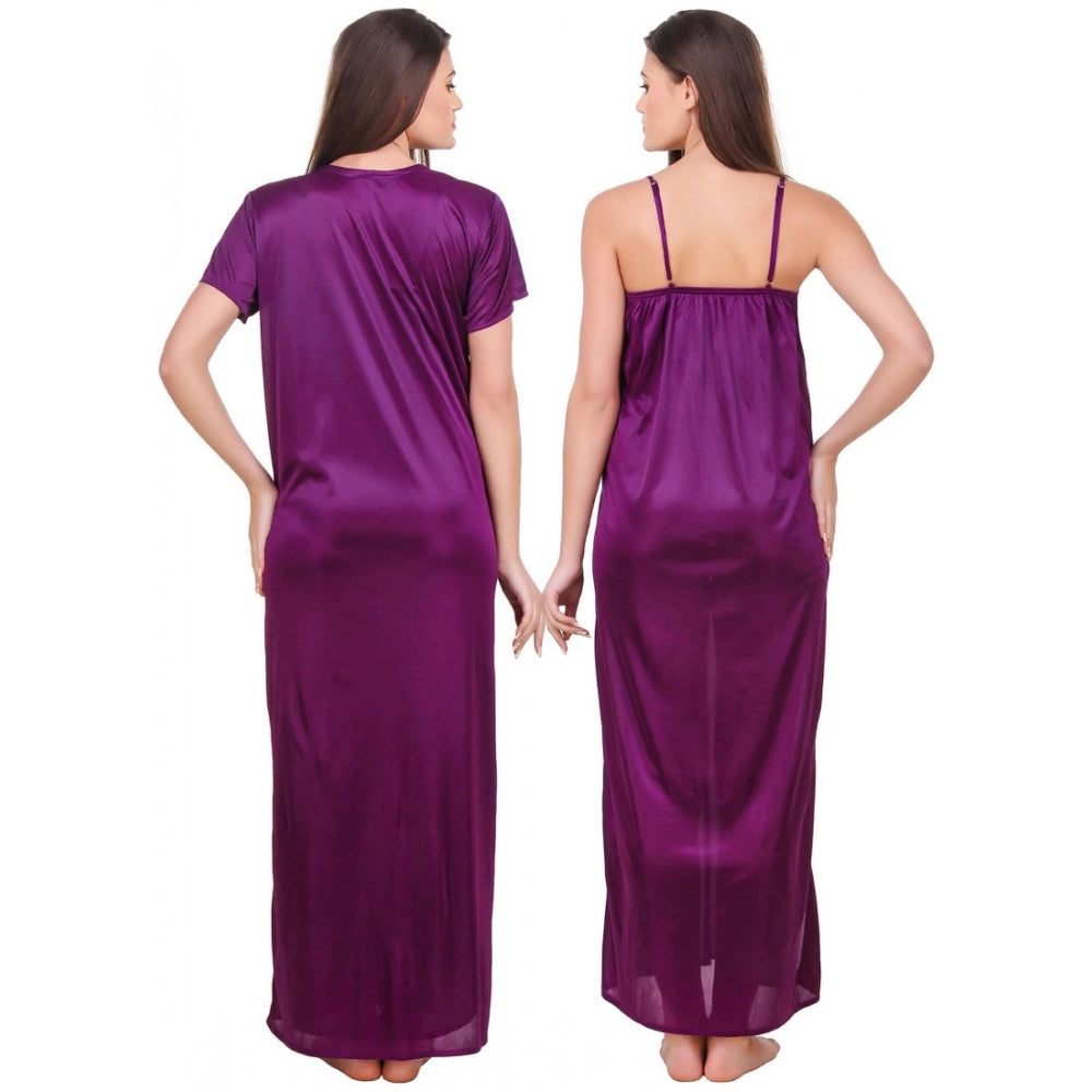 Vaystra Satin 2 PCs Set of Nighty And Wrap Gown with Half Sleeve – Purple