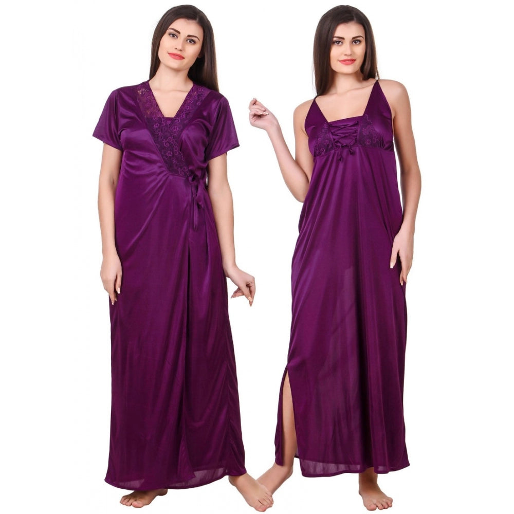 Vaystra Satin 2 PCs Set of Nighty And Wrap Gown with Half Sleeve – Purple