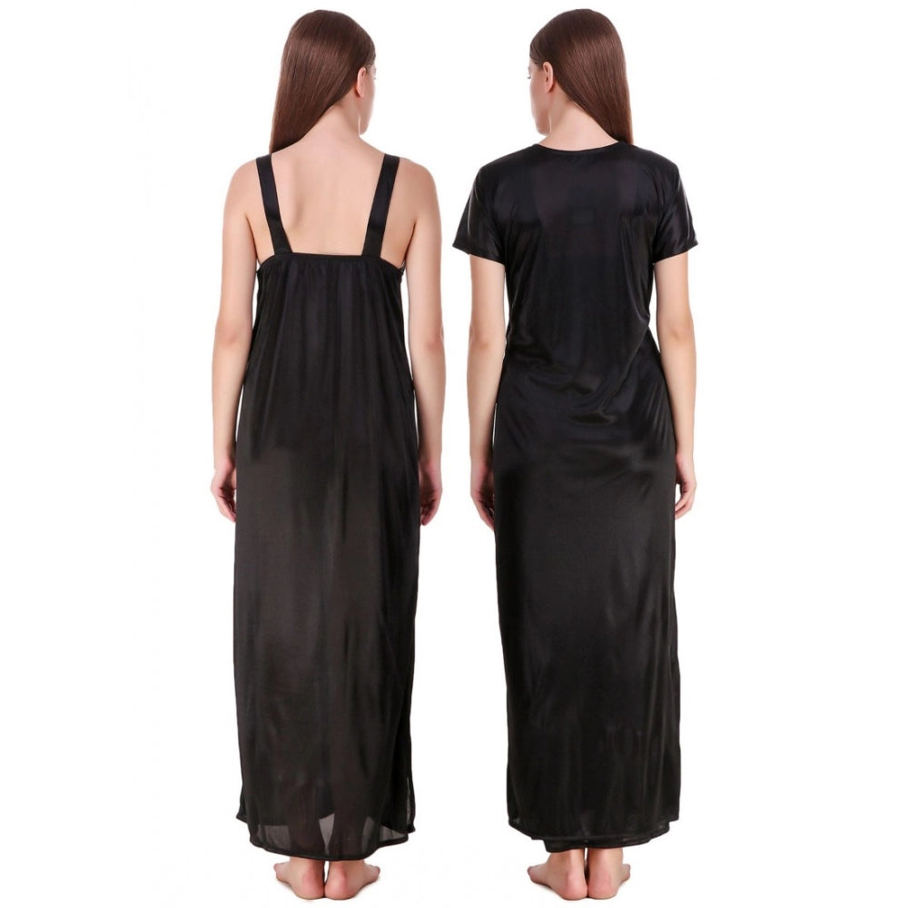 Vaystra Satin 2 PCs Set of Nighty And Wrap Gown with Half Sleeve – Black