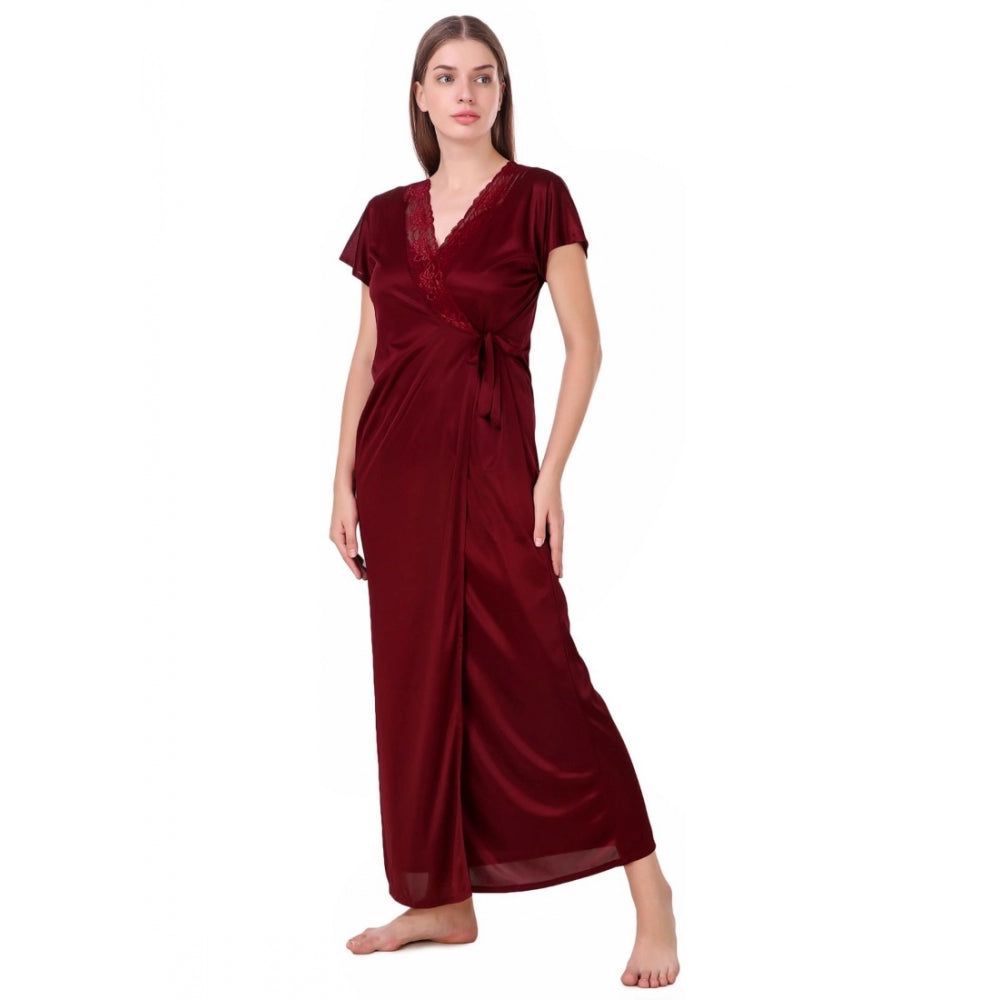 Vaystra Satin 2 PCs Set of Nighty And Wrap Gown with Half Sleeve – Maroon